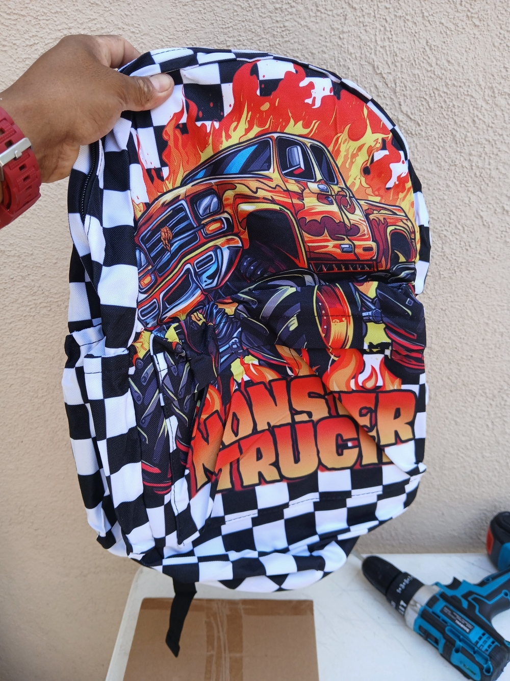 Monster Truck Graphic Checkered Backpack - Black & White with Orange Flames